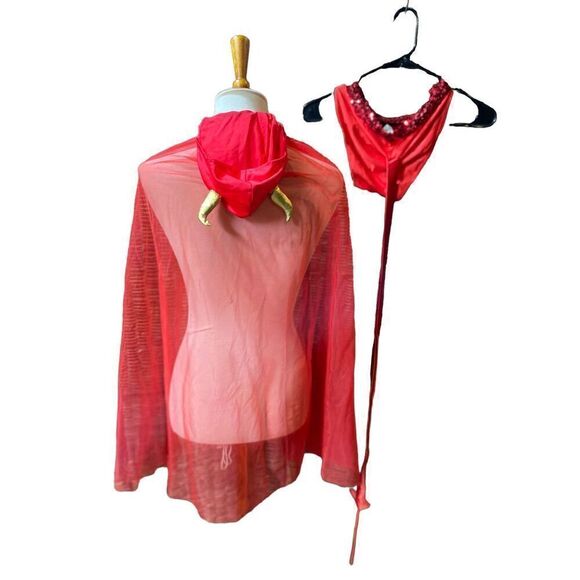 She Devil Sheer Cape with Sequined choker neck and hood with Gold Horns& Red pai - Picture 3 of 14